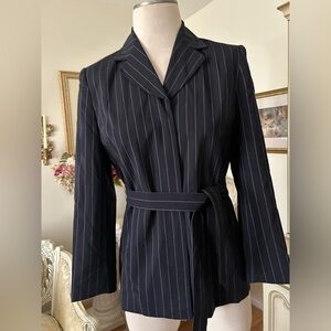Talbots Petites Navy Pinstripe Belted Blazer Size 4P Like New c:4413